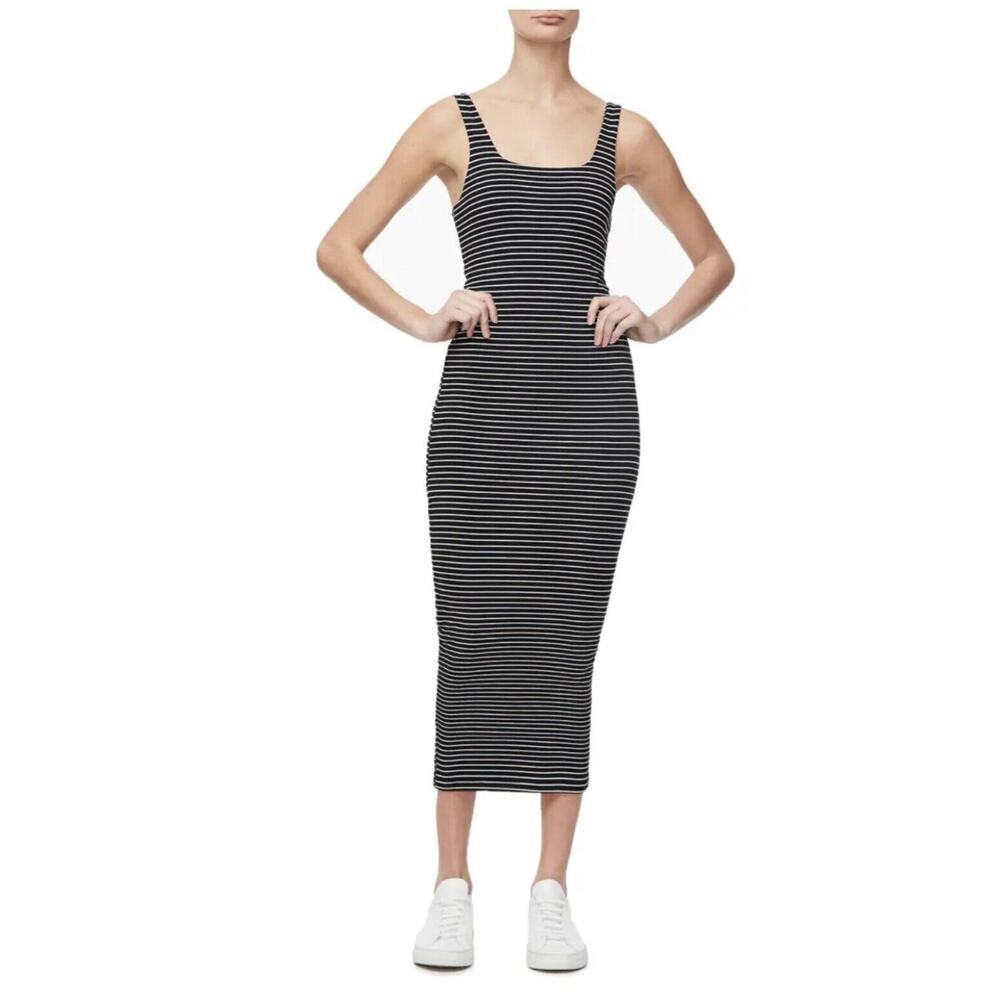 Good American Women's Size 1 Small Striped Black Midi Sleeveless Dress 1654